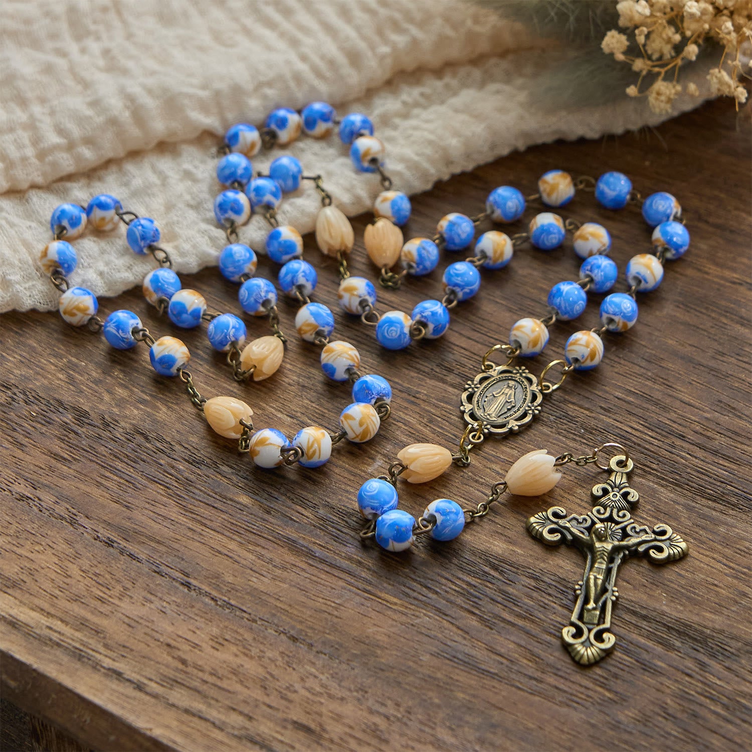 Handmade Floral Rosary - Blue Rose & Lily-of-the-Valley Ceramic