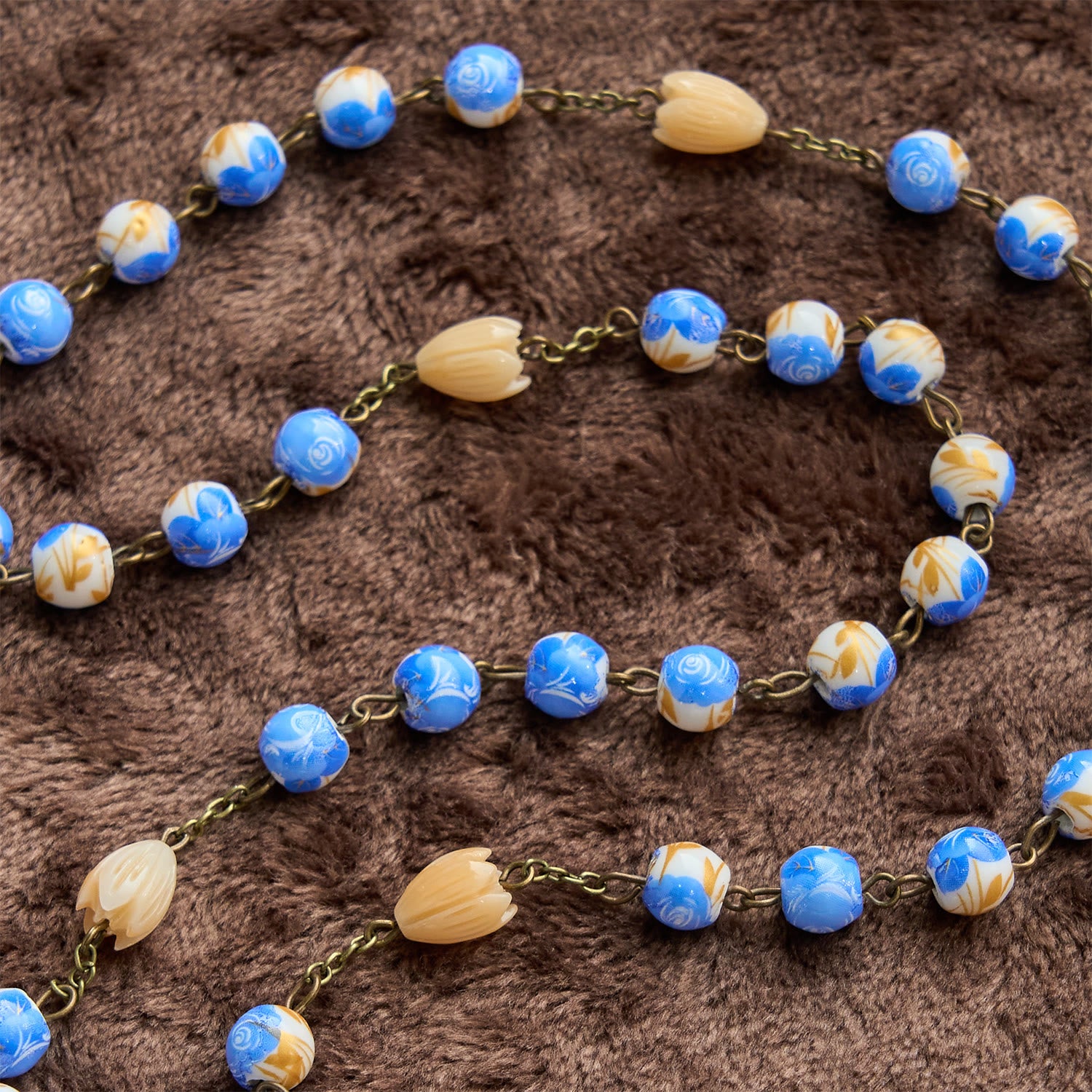 Handmade Floral Rosary - Blue Rose & Lily-of-the-Valley Ceramic