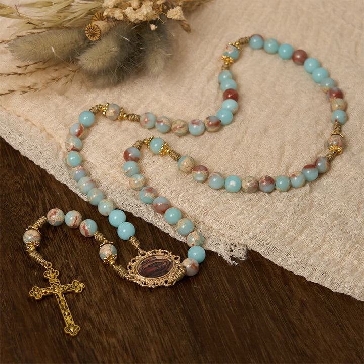 Christianartworkshop Aqua Stone Prayer Rosary with Gold Accents: A Divine Source of Peace and Devotion - image 6