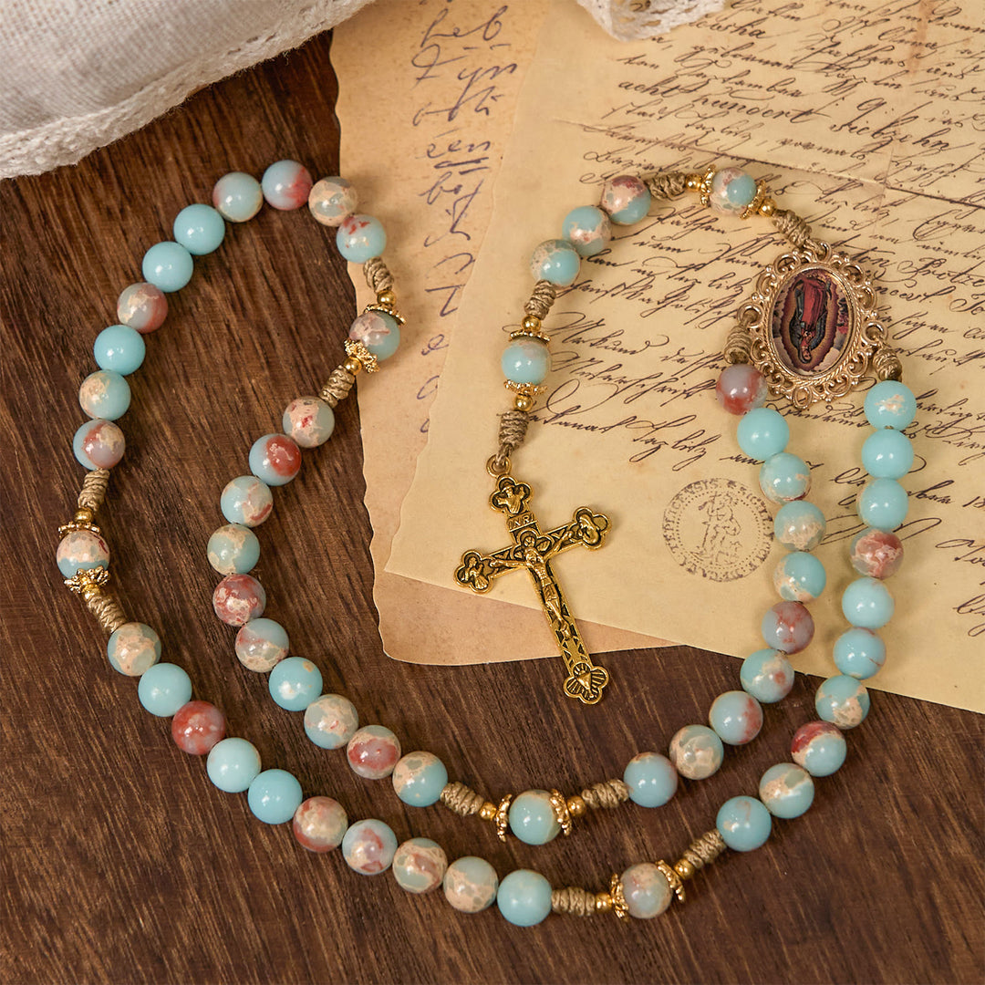 Christianartworkshop Aqua Stone Prayer Rosary with Gold Accents: A Divine Source of Peace and Devotion - Aqua Stone Prayer Rosary - image 1