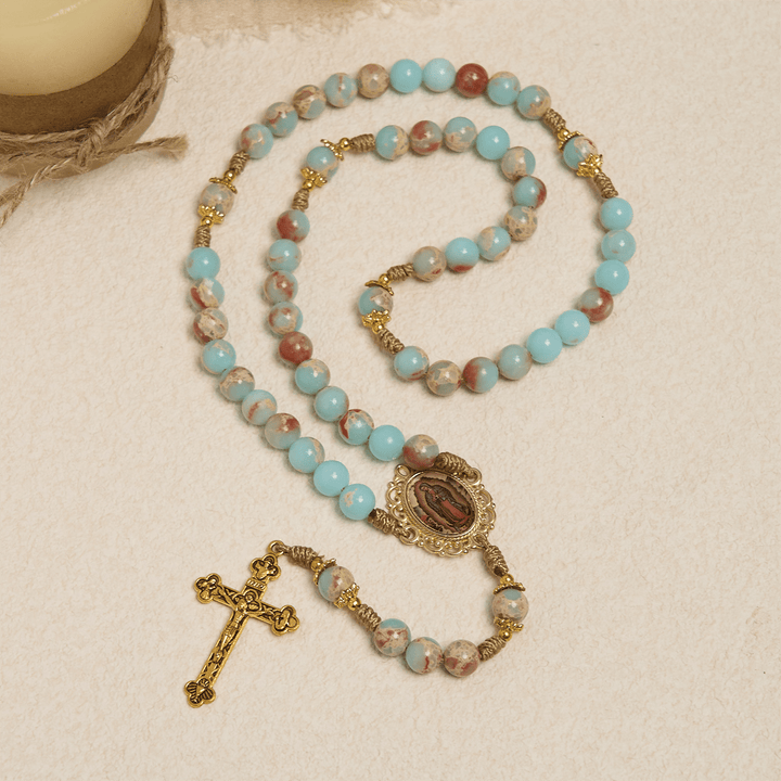 Christianartworkshop Aqua Stone Prayer Rosary with Gold Accents: A Divine Source of Peace and Devotion - image 3