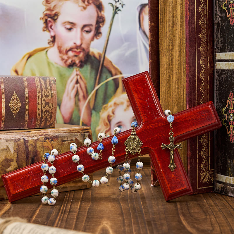FREE Today: Immaculate Heart of Mary & Crucifix of 8 mm Round Blue Floral Acrylic Alloy Chain Rosary