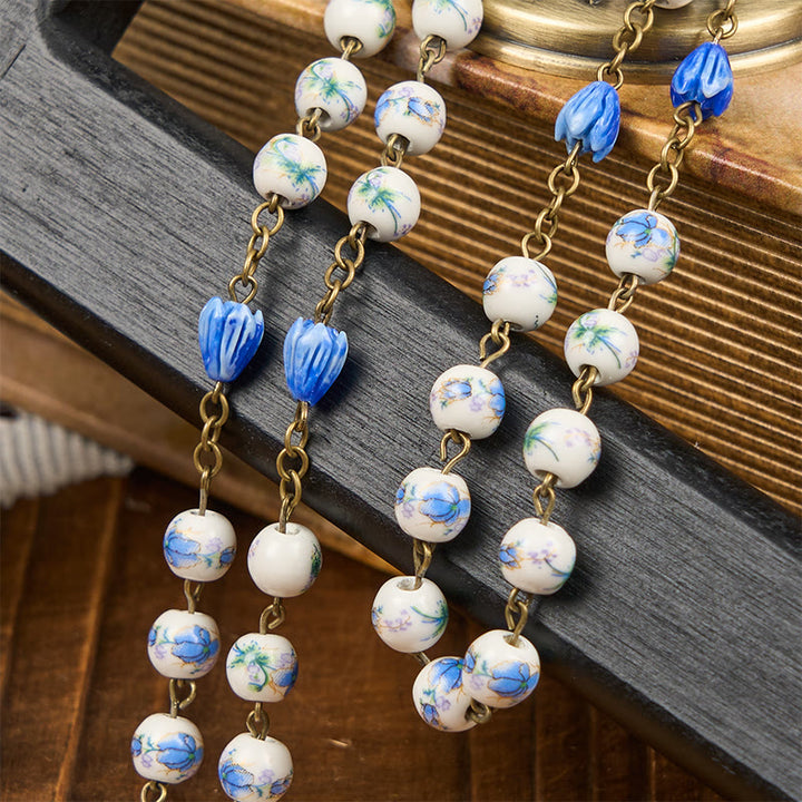 FREE Today: Immaculate Heart of Mary & Crucifix of 8 mm Round Blue Floral Acrylic Alloy Chain Rosary