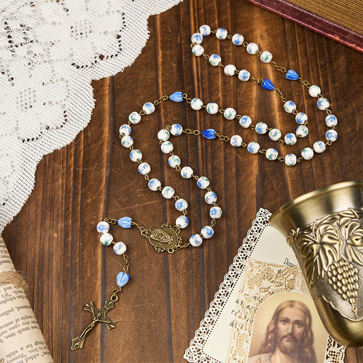 FREE Today: Immaculate Heart of Mary & Crucifix of 8 mm Round Blue Floral Acrylic Alloy Chain Rosary