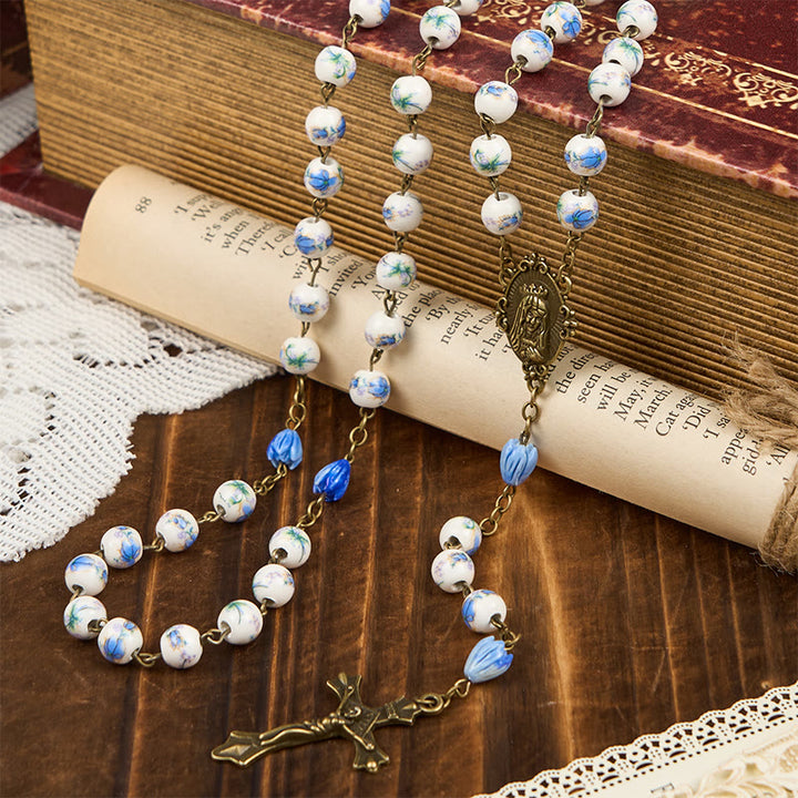 FREE Today: Immaculate Heart of Mary & Crucifix of 8 mm Round Blue Floral Acrylic Alloy Chain Rosary