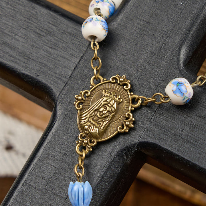 FREE Today: Immaculate Heart of Mary & Crucifix of 8 mm Round Blue Floral Acrylic Alloy Chain Rosary