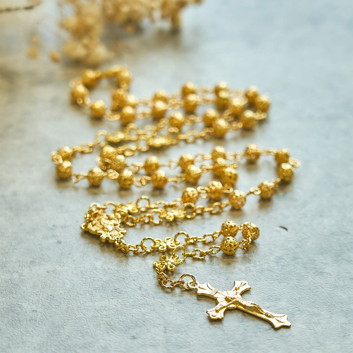 Christianartworkshop Sacred Heart of Jesus & Crucifix of 6mm Golden Metal Ball Flower Rosary