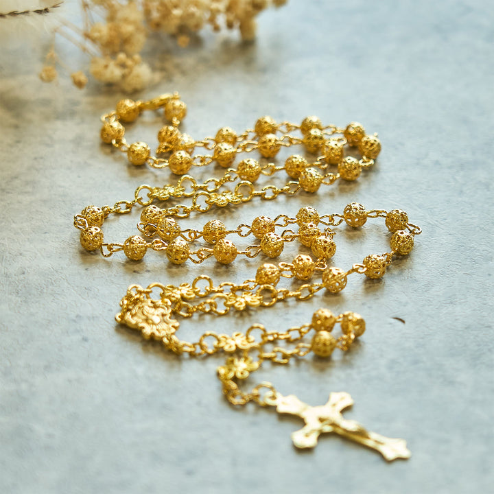 Christianartworkshop Sacred Heart of Jesus & Crucifix of 6mm Golden Metal Ball Flower Rosary