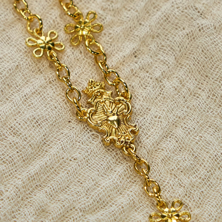 Christianartworkshop Sacred Heart of Jesus & Crucifix of 6mm Golden Metal Ball Flower Rosary