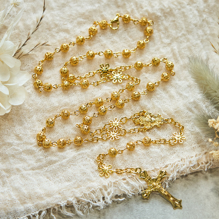 FREE Today: Sacred Heart of Jesus & Crucifix of 6mm Golden Metal Ball Flower Rosary - image 1