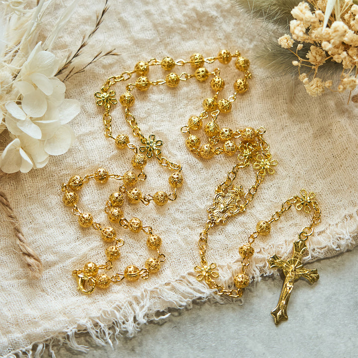 Christianartworkshop Sacred Heart of Jesus & Crucifix of 6mm Golden Metal Ball Flower Rosary