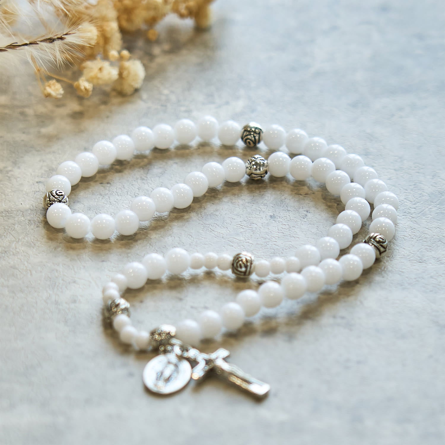 Christianartworkshop 6mm White Bead Miraculous Medal & Crucifix