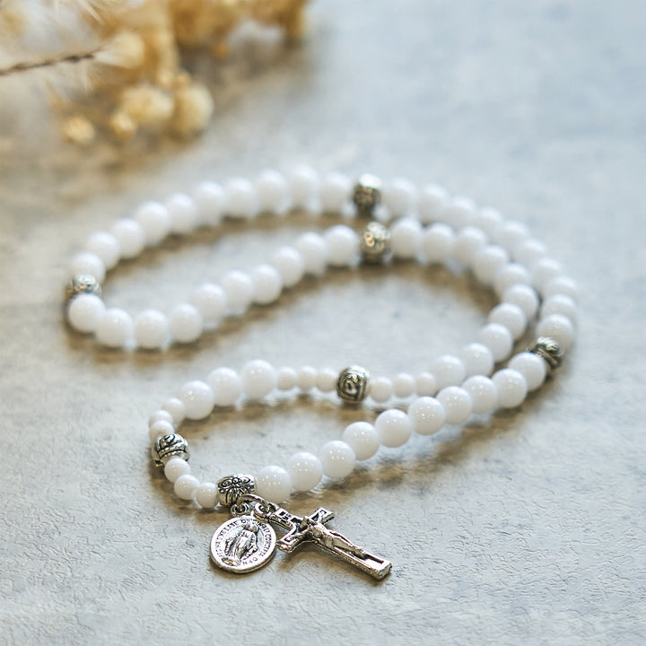 Christianartworkshop 6mm White Bead Miraculous Medal & Crucifix Rosary Bracelet: A Symbol of Faith