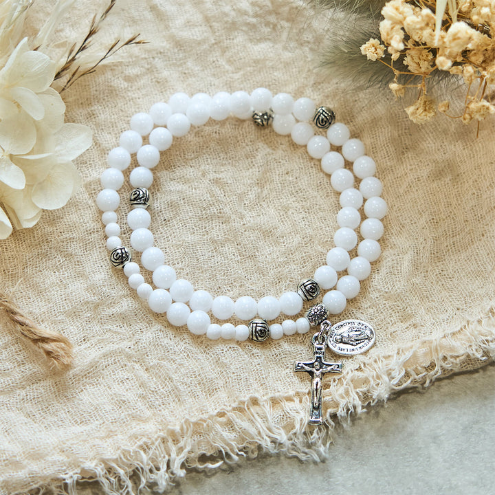 Christianartworkshop 6mm White Bead Miraculous Medal & Crucifix Rosary Bracelet: A Symbol of Faith