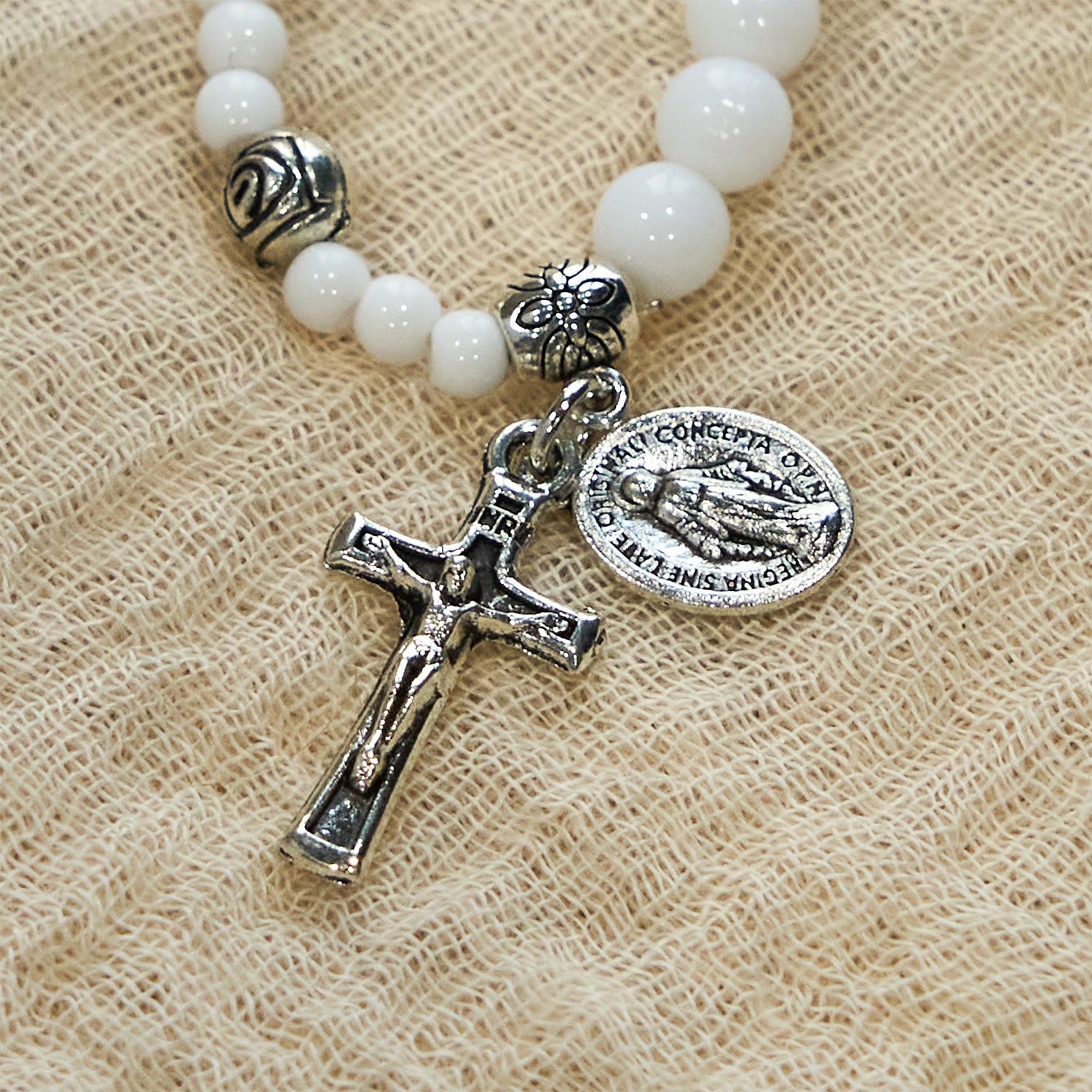 Christianartworkshop 6mm White Bead Miraculous Medal & Crucifix