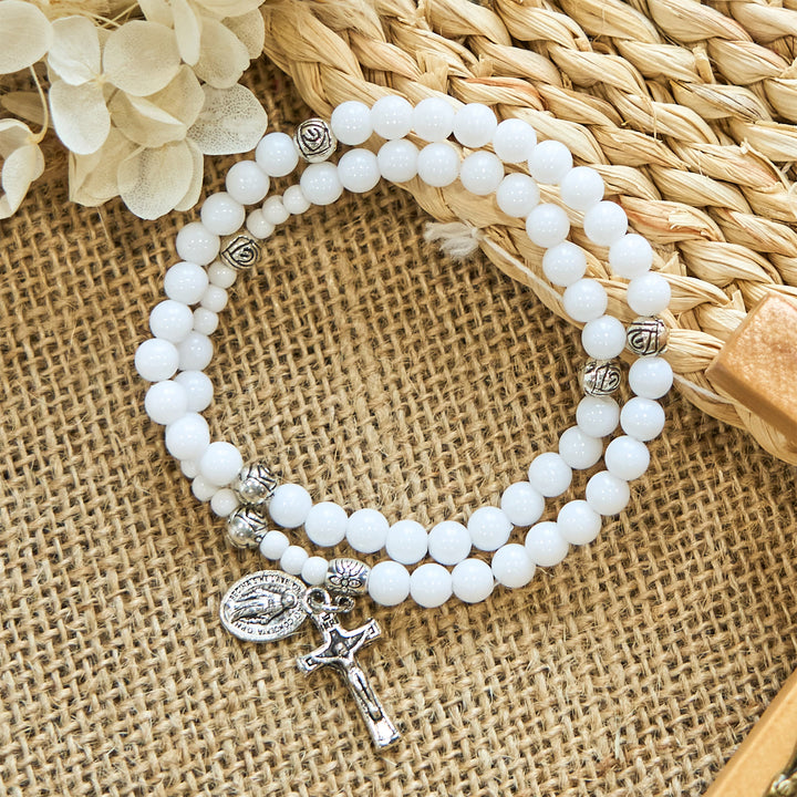 Christianartworkshop 6mm White Bead Miraculous Medal & Crucifix Rosary Bracelet: A Symbol of Faith
