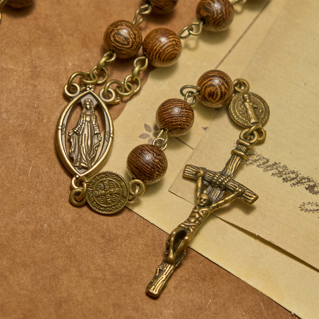 Christianartworkshop Miraculous Medal & Crucifix St. Benedict Medal 8mm Wooden Beads Rosary