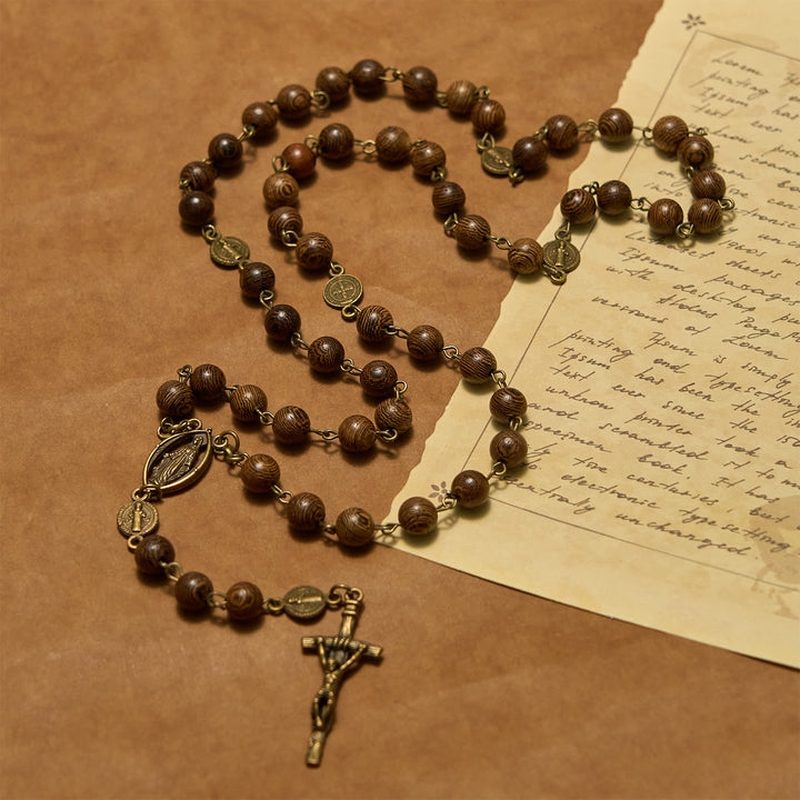 Christianartworkshop Miraculous Medal & Crucifix St. Benedict Medal 8mm Wooden Beads Rosary