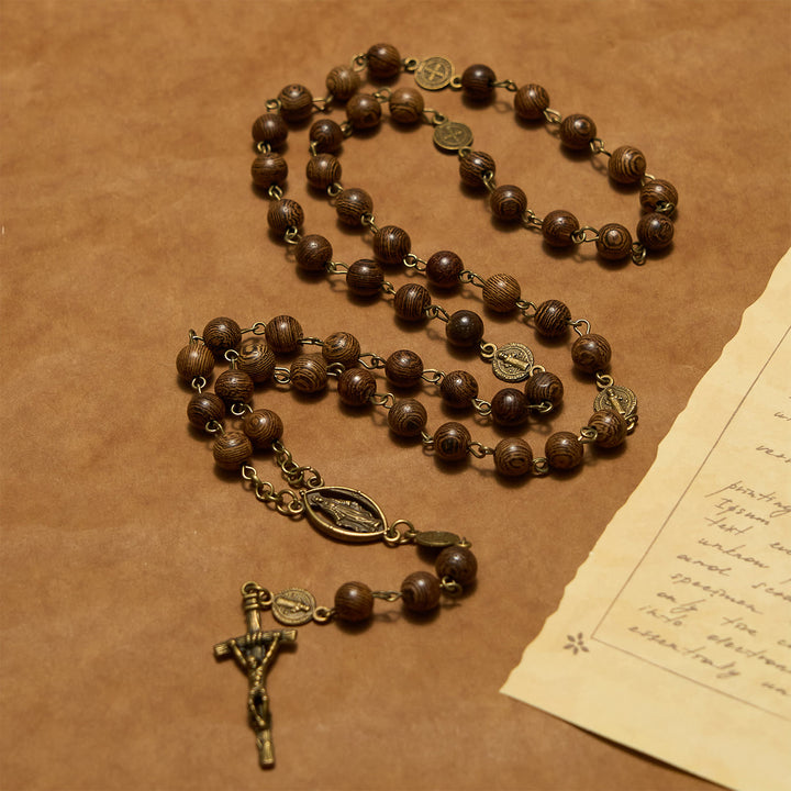 Christianartworkshop Miraculous Medal & Crucifix St. Benedict Medal 8mm Wooden Beads Rosary