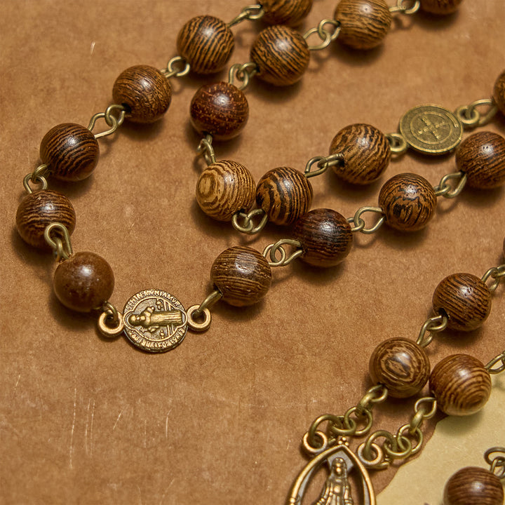 Christianartworkshop Miraculous Medal & Crucifix St. Benedict Medal 8mm Wooden Beads Rosary