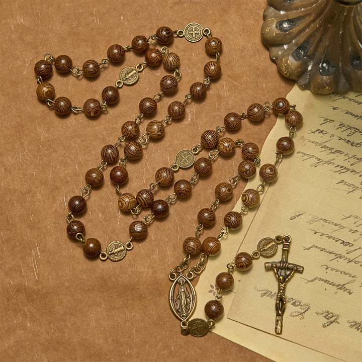 Christianartworkshop Miraculous Medal & Crucifix St. Benedict Medal 8mm Wooden Beads Rosary
