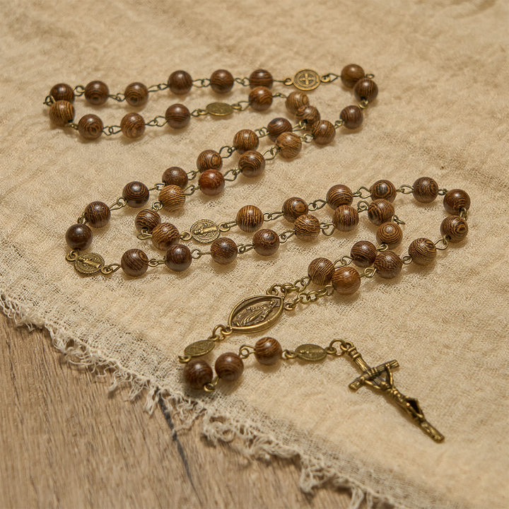 Christianartworkshop Miraculous Medal & Crucifix St. Benedict Medal 8mm Wooden Beads Rosary