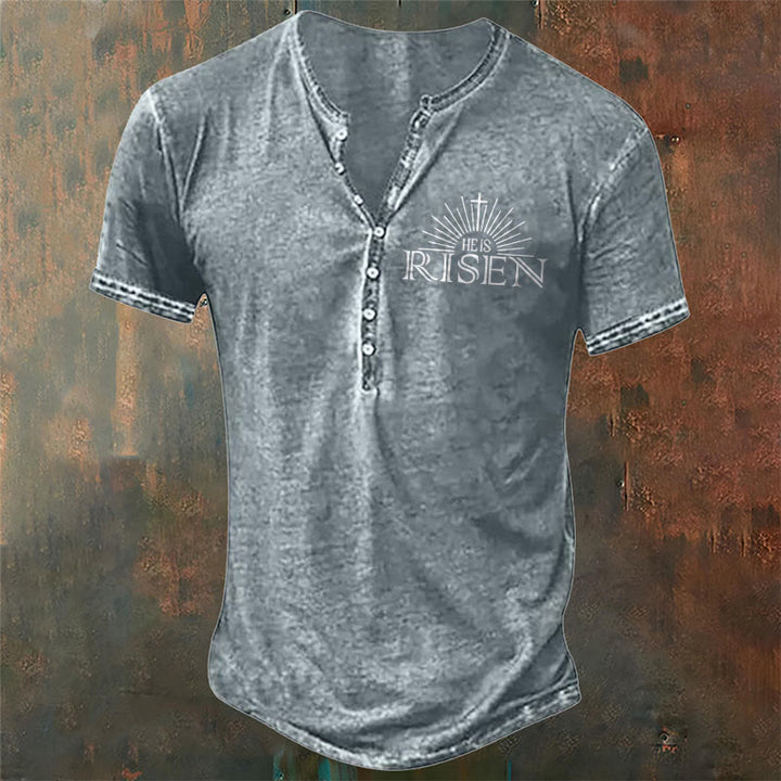 Christianartworkshop Men's Faith with 'He is Risen' Print Henley Neck T-Shirt