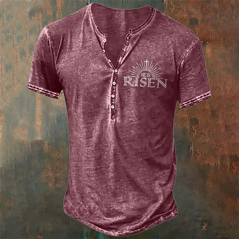 Christianartworkshop Men's Faith with 'He is Risen' Print Henley Neck T-Shirt