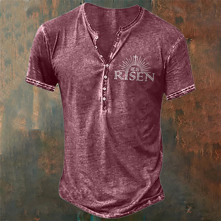 Christianartworkshop Men's Faith with 'He is Risen' Print Henley Neck T-Shirt