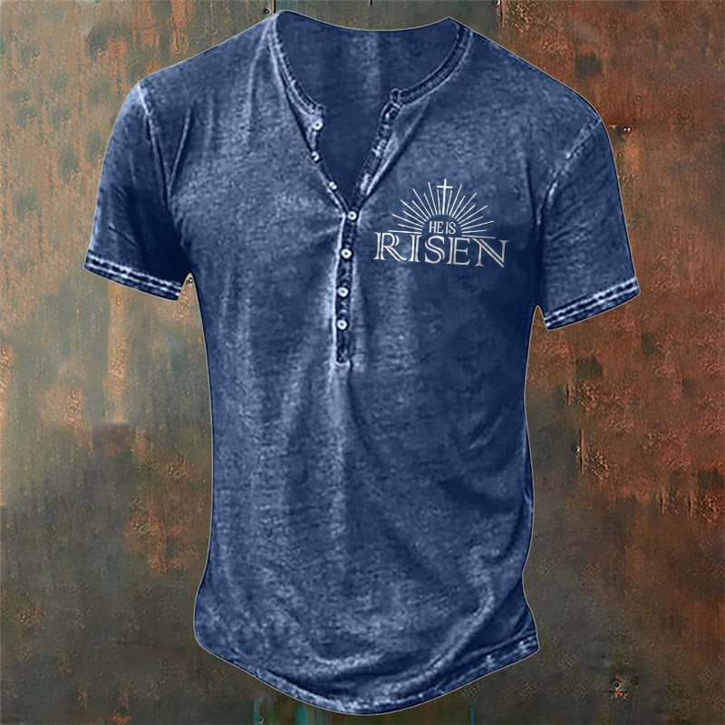 Christianartworkshop Men's Faith with 'He is Risen' Print Henley Neck T-Shirt