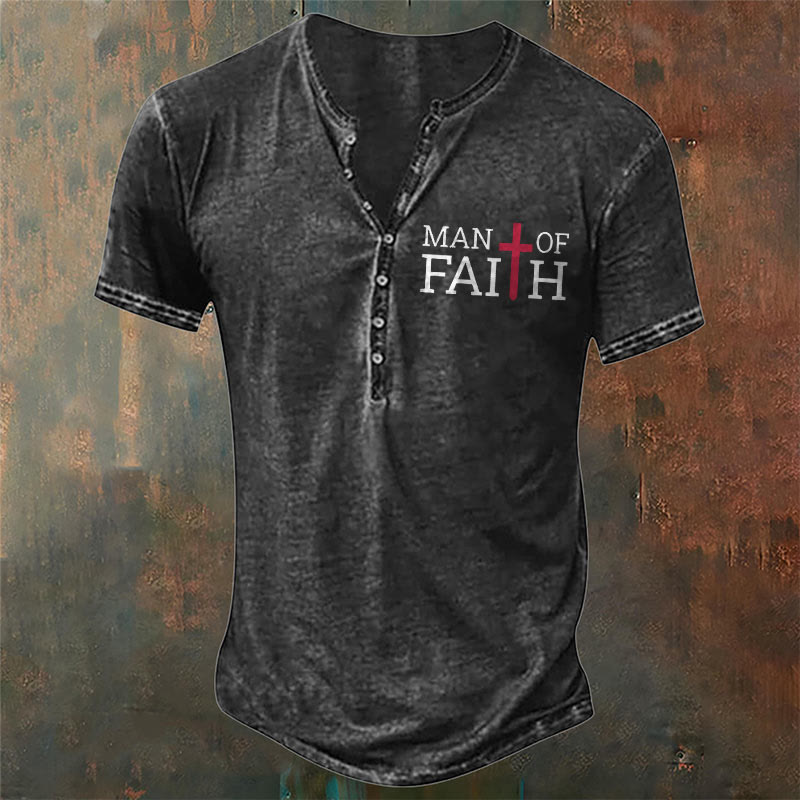 Christianartworkshop Men's Faith with Red Cross Print Henley Neck T-Shirt - Black - 4XL - image 1