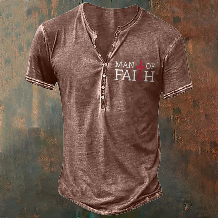 Christianartworkshop Men's Faith with Red Cross Print Henley Neck T-Shirt - Brown - 4XL - image 5