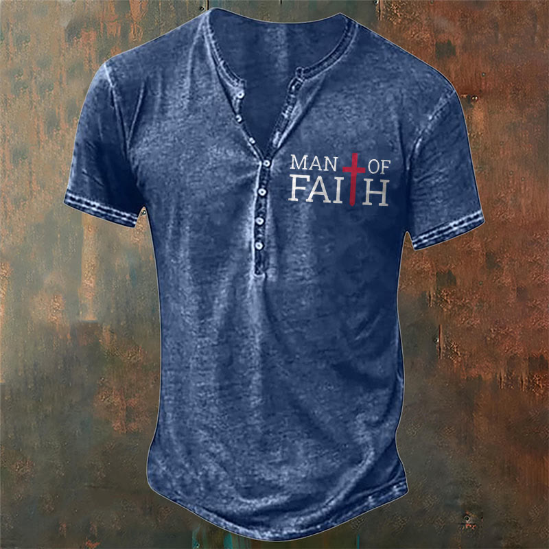 Christianartworkshop Men's Faith with Red Cross Print Henley Neck T-Shirt - Blue - 4XL - image 2