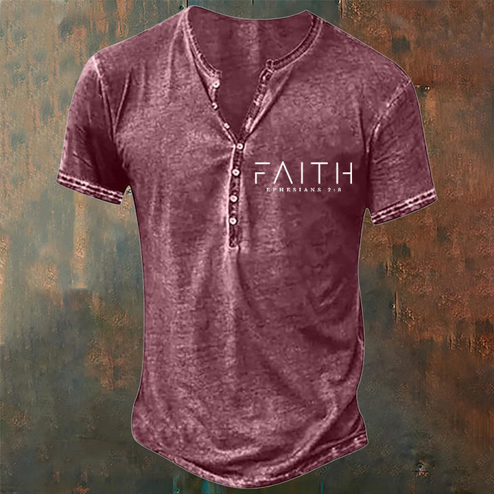 Christianartworkshop Men's Faith Print Casual Henley Neck T-Shirt - Red - 4XL - image 6