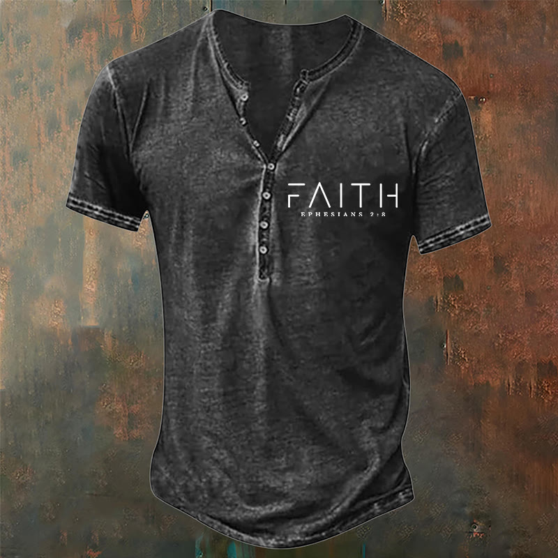 Christianartworkshop Men's Faith Print Casual Henley Neck T-Shirt - Black - 4XL - image 1