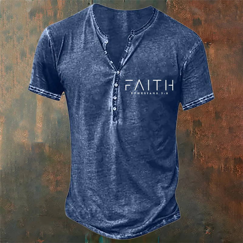 Christianartworkshop Men's Faith Print Casual Henley Neck T-Shirt - Blue - 4XL - image 2