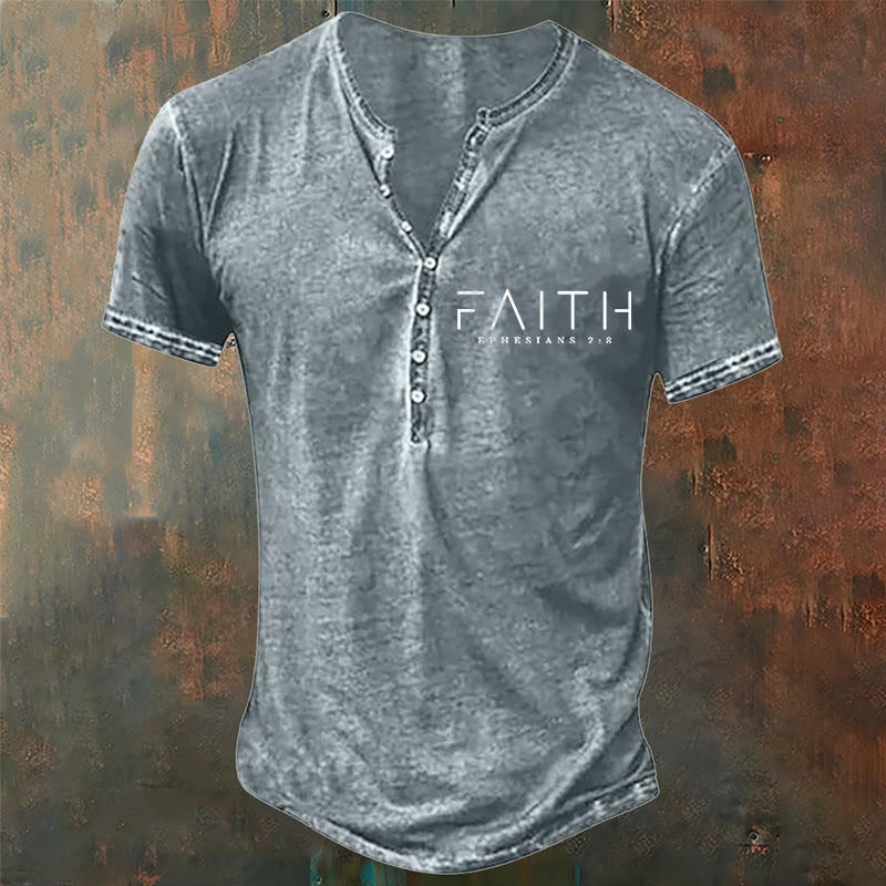 Christianartworkshop Men's Faith Print Casual Henley Neck T-Shirt - Light Gray - 4XL - image 3