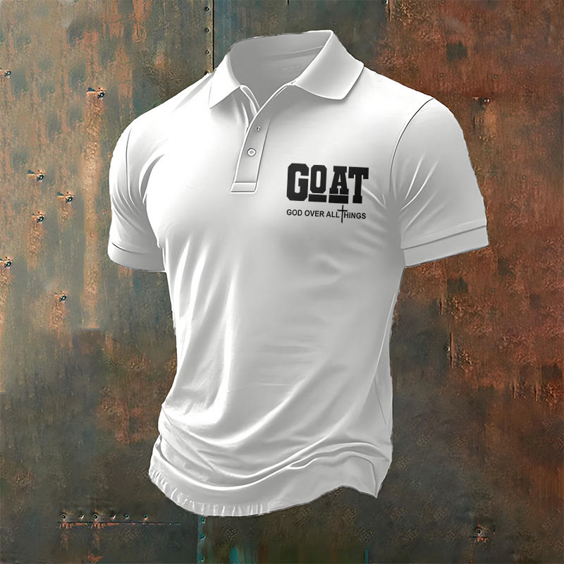 Christianartworkshop Men's Retro Faith "Goat God Over All Things" Design Printed Polo Shirt - White - 4XL - image 1