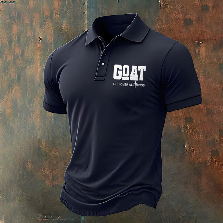 Christianartworkshop Men's Retro Faith "Goat God Over All Things" Design Printed Polo Shirt - Navy Blue - 4XL - image 5