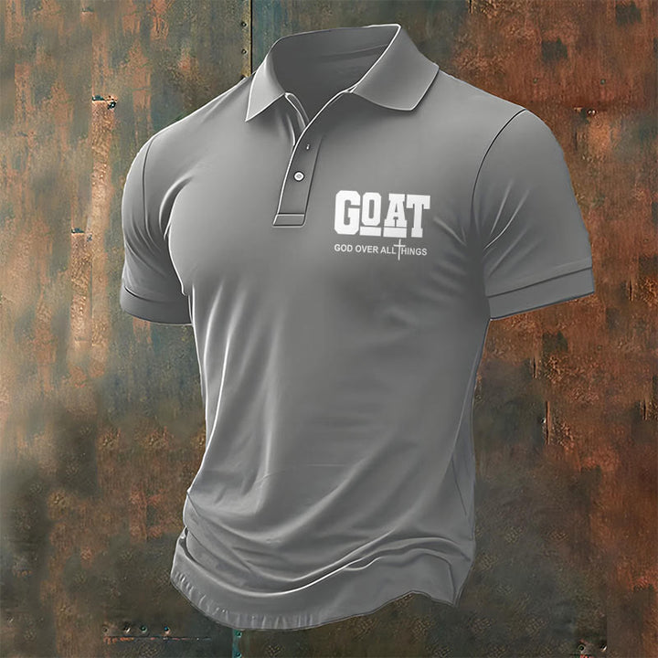 Christianartworkshop Men's Retro Faith "Goat God Over All Things" Design Printed Polo Shirt - Grey - 4XL - image 3