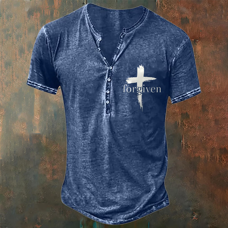Christianartworkshop Men's Faith Forgiven Print Henley Neck T-Shirt - Blue - 4XL - image 2