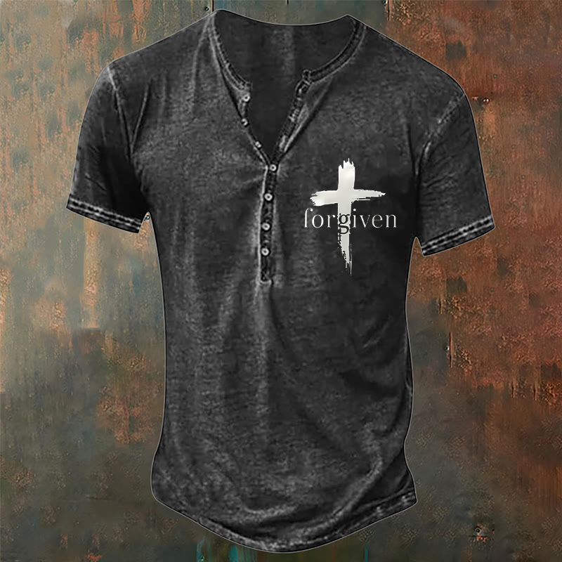 Christianartworkshop Men's Faith Forgiven Print Henley Neck T-Shirt - Black - 4XL - image 1