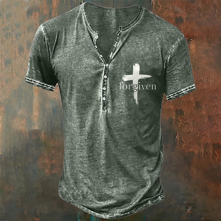 Christianartworkshop Men's Faith Forgiven Print Henley Neck T-Shirt - Dark Grey - 4XL - image 4