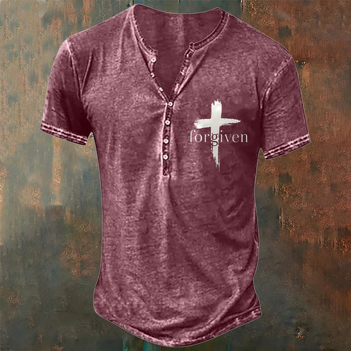 Christianartworkshop Men's Faith Forgiven Print Henley Neck T-Shirt - Red - 4XL - image 6
