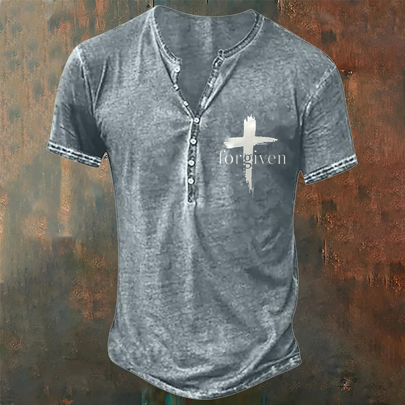 Christianartworkshop Men's Faith Forgiven Print Henley Neck T-Shirt - Light Gray - 4XL - image 3