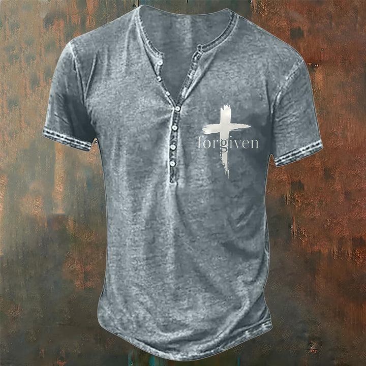 Christianartworkshop Men's Faith Forgiven Print Henley Neck T-Shirt - Light Gray - 4XL - image 3