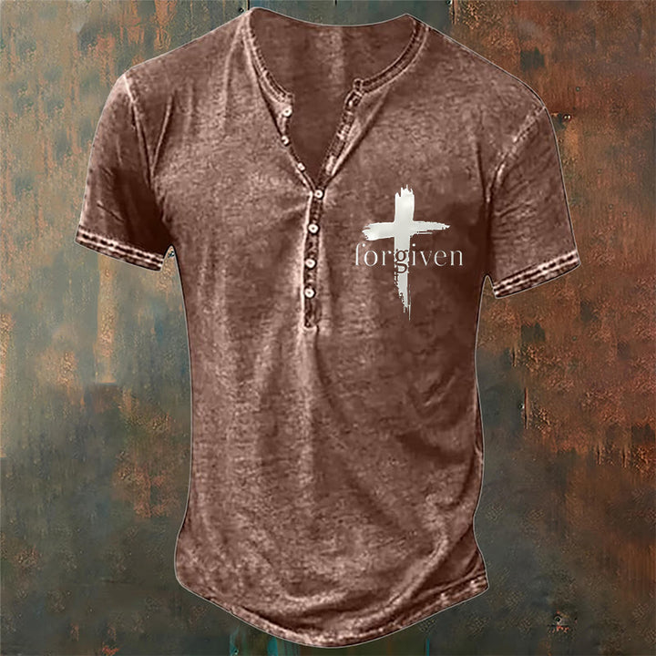 Christianartworkshop Men's Faith Forgiven Print Henley Neck T-Shirt - Brown - 4XL - image 5