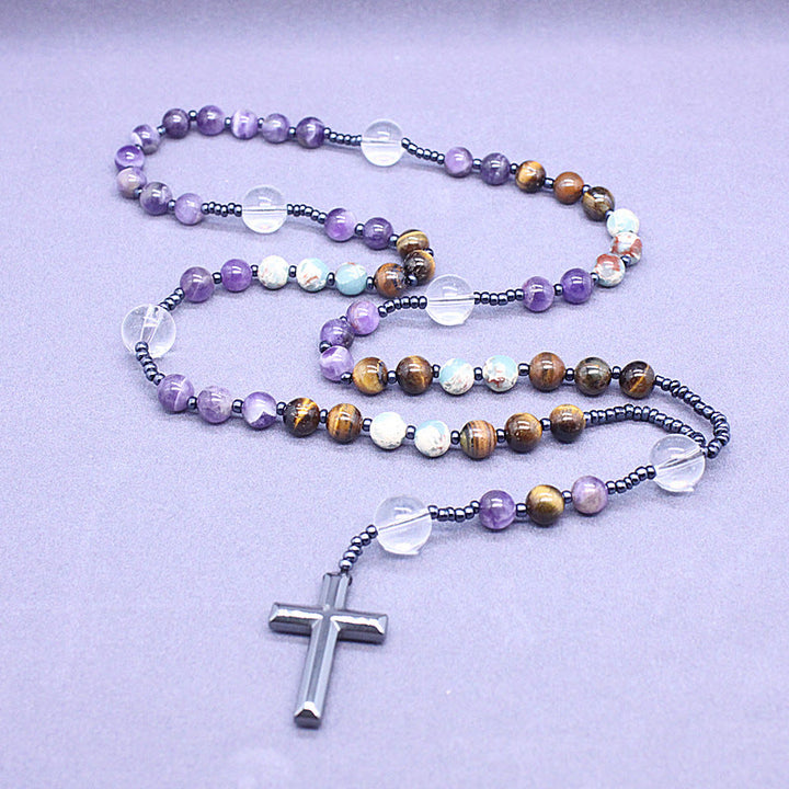 Christianartworkshop 8mm Natural Amethyst Tiger Eye Stone Agate Cross Rosary