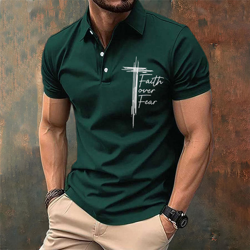 Christianartworkshop Men's Retro Faith"Faith Over Fear"Casual Printed Polo Shirt - image 2
