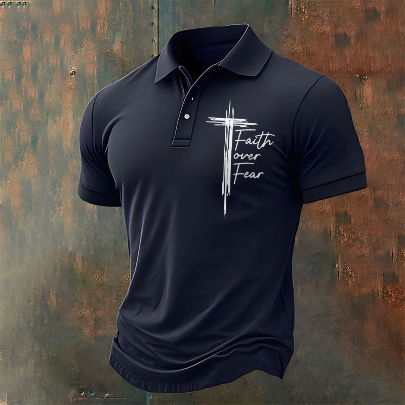Christianartworkshop Men's Retro Faith"Faith Over Fear"Casual Printed Polo Shirt - Navy Blue - 4XL - image 3
